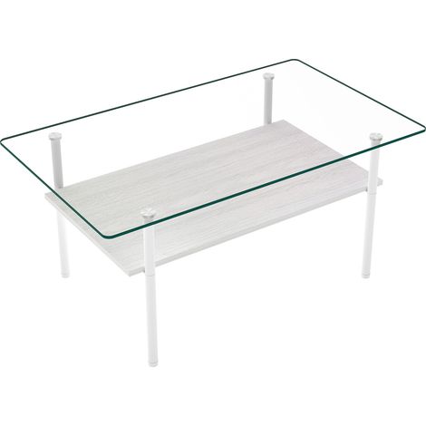 CHICFURN Mesa de centro moderna de cristal templado con estante MDF en blanco y estructura metálica, mesa auxiliar rectangular para salón con doble nivel y almacenaje (1/5)
