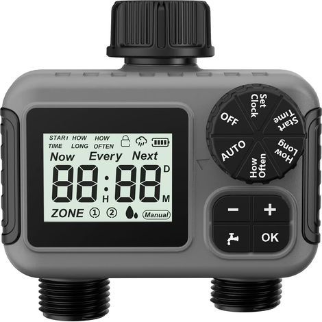 Temporizador de riego de 2 zonas, temporizador programable para manguera de jardín con modos Automático/Manual/Retardo por lluvia (1/5)