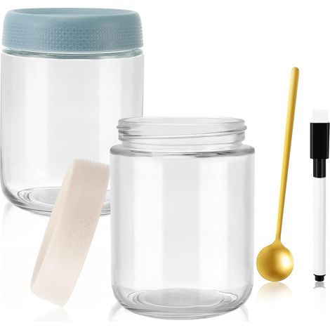 Lot de 2 Pots pour Overnight Oats, 500ml, Pot Yaourt en Verre avec Couvercle, 1 cuillère dorée et 1 marqueur, pour confiture maison, nourriture pour bébé, mise en bocal à mason et levain (1/5)