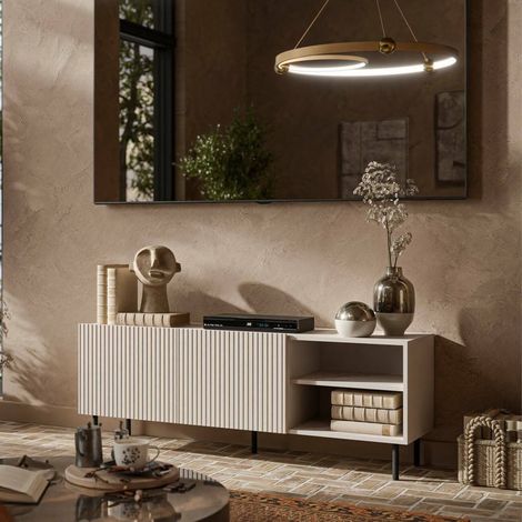Mueble de TV Molini, aparador de salón con cuatro puertas batientes, elevado del suelo, 150x42 h52 cm, beige (1/5)