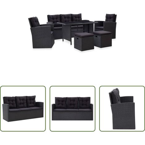 Canapé en résine - Salon de jardin 6 pcs avec coussins Résine tressée Noir (1/5)