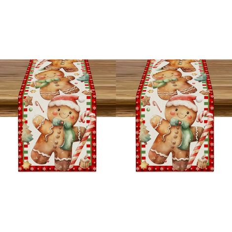 Camino de mesa navideño con diseño de pan de jengibre, 33 x 183 cm. Adornos navideños de bastones de caramelo para el hogar y el comedor (2 piezas). (1/5)