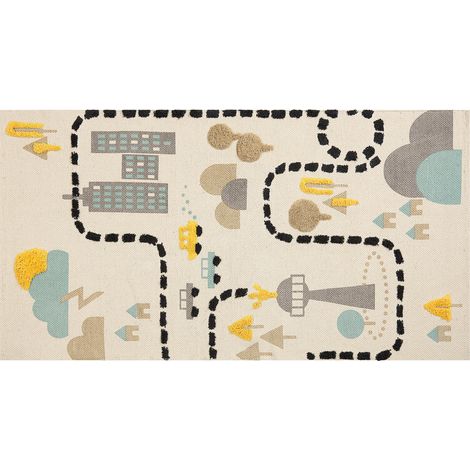 Alfombra de algodón beige negro azul 80 x 150 cm poliéster patrón ciudad Sazak (1/5)