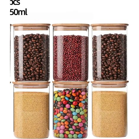 (550 ml - 6 bouteilles) Bocaux de rangement en verre avec couvercles en bambou, adaptés pour conserver les grains de café, les bonbons et les flocons d'avoine. (1/5)