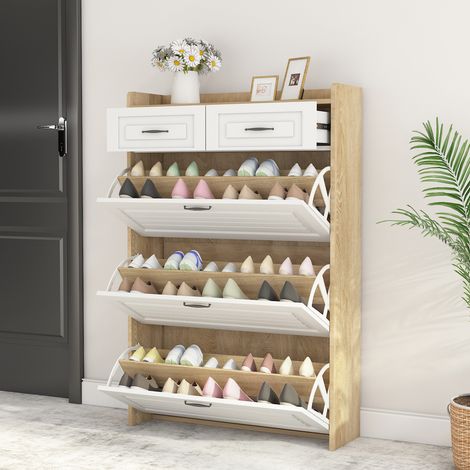 Meuble à chaussures 80x23,5x131 cm - Avec étagère à chaussures pivotante - 3 portes abattantes et 2 tiroirs - Blanc+naturel