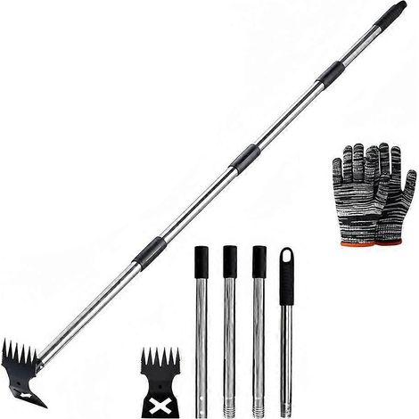 Désherbeur à long manche, outil 2 en 1 combinant griffes et houe de jardin, tête robuste en acier inoxydable pour cour et pelouse. (1/5)