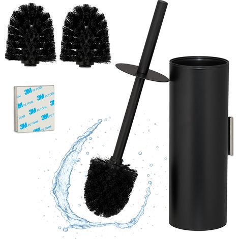 Relaxdays Toilet Brush with Wall Holder, Adhesive or Drill Mount, HWD: 36.5x9x11 cm, Stainless Steel, Plastic, Black (1/5)