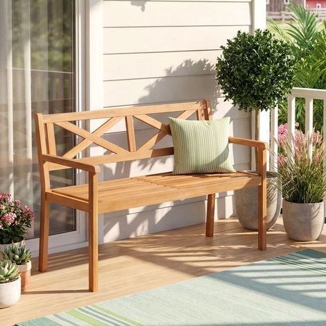 Banc de jardin 2 places en bois d'acacia avec dossier incliné, accoudoirs et assise à lattes pour terrasse, jardin et patio (1/5)