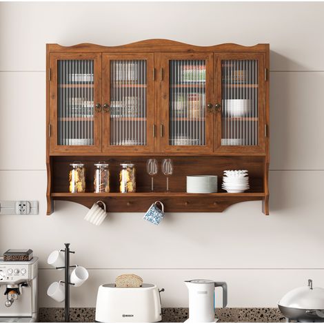 Aufbewahrungsschrank mit 4 Türen (100x20x80 cm), mit Ablagen und Hakenbereich, aus Massivholz und Glas, Braun (1/5)