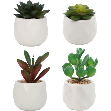 Ensemble De Succulentes Réalistes - Pots En Céramique Géométrique Blancs - Décoration Intérieure Moderne - Lot De 4 (1/5)