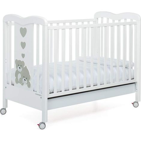Foppapedretti Lettino con Sponda Regolabile Tenerorso, Legno di Faggio, Made in Italy, Rete a Doghe di Faggio, Ampio Cassetto, Regolabile a Doppia Altezza, 4 ruote, 131x73x103 cm, Bianco (1/3)