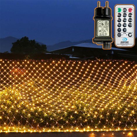 204 LEDs Filet Lumineuse Nettes Extérieure, 3M x 2M Guirlande Solaire Etanche Prise Courant, 8 Modes Lumières Corde Fée Maille d'Éclairage avec Distance Minuteur pour Jardin Patio Clôture, Blanc Chaud (1/5)