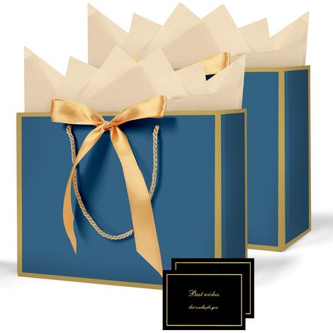 Lot de 2 Pochettes Cadeaux avec Anse, Sacs Cadeaux en Papier Avec Ruban d'Arc, Pochettes en Papier avec Anse, Emballage Cadeau pour Noël, les Anniversaires, Mariages, Fête (Bleu Foncé-Bord Or) (1/5)