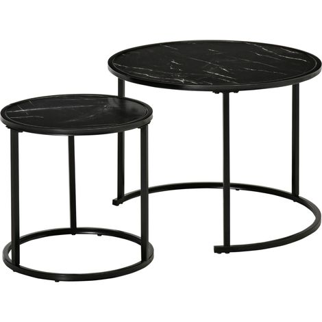 Lot de 2 Tables Basses Rondes gigogne empilables Plateau en bois aspect marbre et Pieds en métal Noir (1/5)