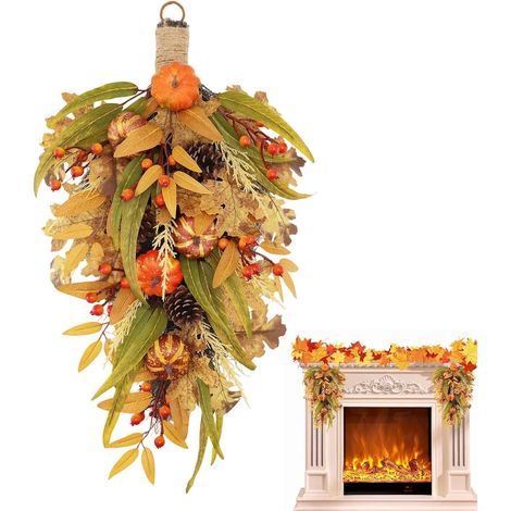 Couronne de Porte automnale Feuilles Et Baies Suspendues À l'envers Couronne De Récolte Réutilisable Saisonnière Pour Porche Maison Mur Extérieur Thanksgiving Fête Ferme Cuisine Placard Entrée (1/5)