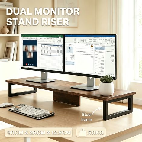 Dual Screen Riser 90cm Long, Dual Computer Monitor Shelving Unit, Sturdy MDF & Steel Desk Organiser with Underneath Storage Space, Brown Office Desk Tidy (1/5)