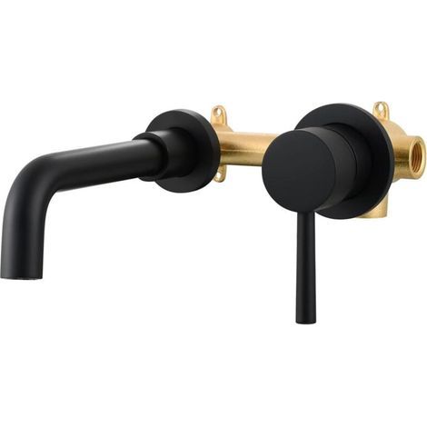Mitigeur Lavabo Noir 2 Trous Robinet Mural Encastré en Laiton Eau Chaude et Froide pour Salle de Bain (1/4)