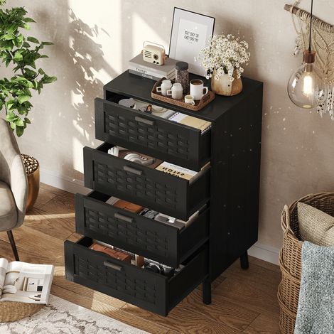 Commode noire à cinq tiroirs, 4 tiroirs, grand espace de rangement, motif grain bois, B60 x H91 x T34 cm, pour salon et chambre - style bohèm (1/5)