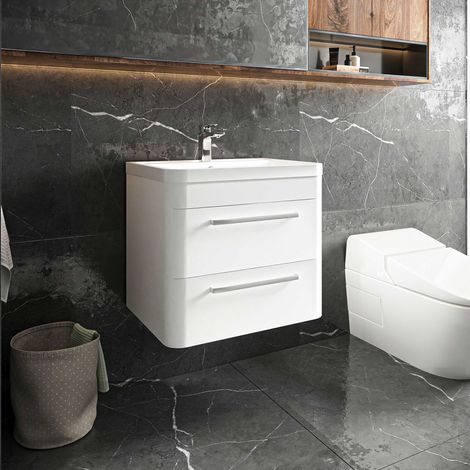 Hudson Reed Solar Matt Pure White 600mm Wall Hung 2 Drawer Vanity Unit and Polymarble Basin - SOL102 (1/5)