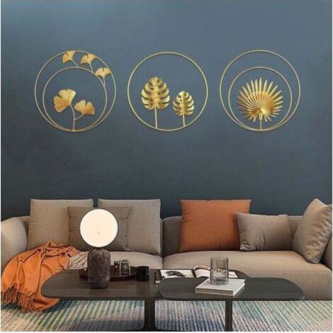 Ineasicer lot de 3 Sculptures Murales en Fer Métal Feuilles de ginkgo et palmier dorées - Décoration murale ronde pour maison, bureau, salon, hôtel (1/5)