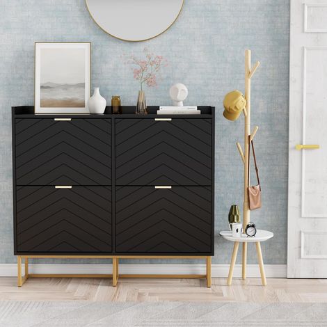 UEV – Armoire à chaussures étroite 100x24x91 cm – 4 abattants – Étagère réglable en 2 positions – Plafond avec clôture – Noir