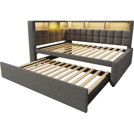 Polsterbett 90x200 mit Ausziehbett 90x190, LED, Bluetooth, USB-C, grau MODENUIT (1/5)