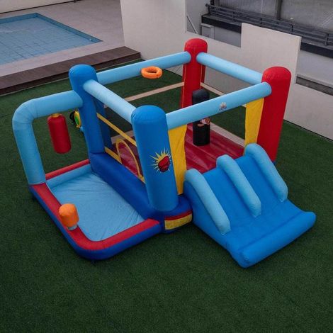 Créer une Aire de Jeux au Jardin Château Gonflable Enfants avec Souffleur 550W Double Toboggan et Panier de Basket (1/2)