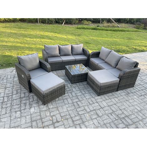 Fimous 9 places Salon de jardin exterieur avec Canapés Table basse carrée 2 Grand tabourets Gris foncé mixte (1/5)