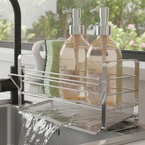 Organizador de fregadero de cocina, organizador de fregadero de cocina de acero inoxidable, organizador de fregadero con bandeja de drenaje y toallero, organizador de fregadero de encimera de cocina p