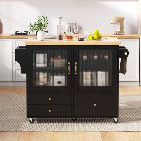 Desserte de cuisine, chariot de service amovible, 3 tiroirs et de 2 portes, vec table à manger extensible, armoire de cuisine avec porte-verres à vin et espace de rangement - Noir (1/5)