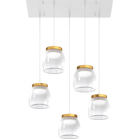 Lampadario Contemporaneo Drum Metallo Bianco Vetro Oro 5 Luci Led 40W Calda