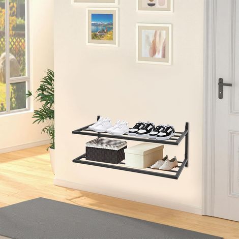 Schuhregal Wand, 2-stöckiges Schuhregal Hängend, Wandmontiertes Metall Schuh Organizer mit 2 Ebenen, 13.61kg Tragfähigkeit, für Wohnzimmer, Eingang, Flur, 70x33x31 cm (1/5)