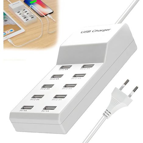 Chargeur USB multiple : station de charge USB pour plusieurs appareils, 5 V/2.4A 50 W, chargeur USB 10 ports, bloc d'alimentation multi-USB pour iPhone 15/14/13/12 Pro Max, iPad, Samsung (1/5)
