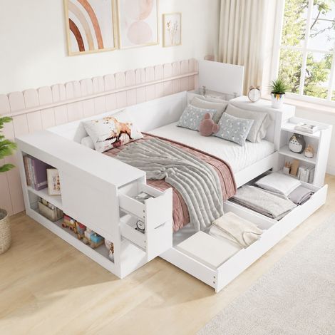 Lit coffre enfant 140x190 cm MDF blanc, tiroirs et étagères gain de place, sans matelas – MEUBLIV (1/5)