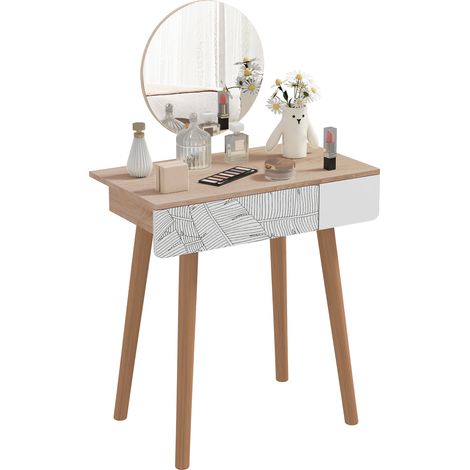 Schminktisch im skandinavischen Design mit Schublade und großem Spiegel, Maße 70 x 39 x 119–128 cm