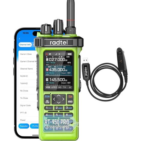 Amateur Radtel RT-950 Pro TX GPS/APRS, Talkie-walkie 10 W, Longue portée, récepteur AM/FM/CB/SW/MW/LW, Programmation par Application Bluetooth, Vert (avec câble de Programmation)