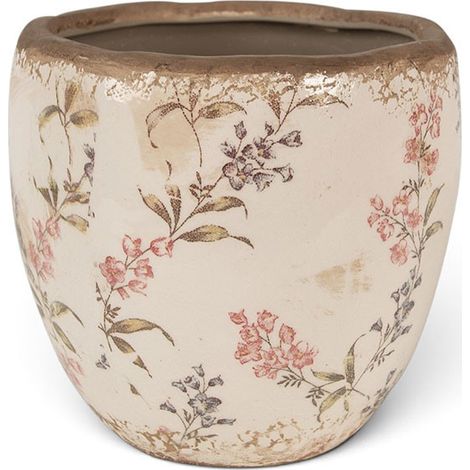 Pot de fleurs beige et rose en céramique motif fleurs 14x14 cm (1/4)