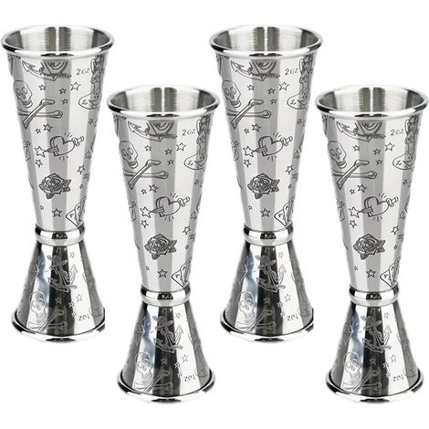 (E 30 60 - Lot de 4) Doseur double en acier inoxydable, idéal pour les bars et la cuisine. Doseur à cocktails, verre doseur en forme de crâne, accessoires de bar. (1/5)