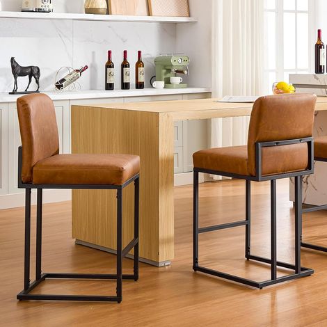 Tabouret de bar marron simili‑suédine rembourré, dossier ergonomique repose‑pieds métal, usage professionnel îlot comptoir cuisine (1/5)