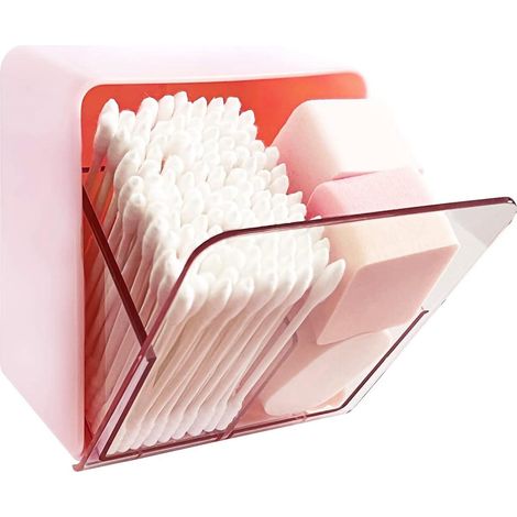 Boîte de rangement rose pour cotons, bâtonnets ouatés, disques démaquillants et fil dentaire, distributeur à 2 compartiments, organiseur de salle de bain pour plan de toilette (1/5)