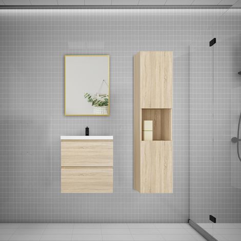 Ensemble meuble Chêne et vasque L.50cm 2 tiroirs + colonne1 haut + lavabo + miroir 70x50cm-suspendu (1/5)