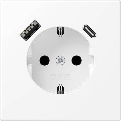 Base enchufe Schuko con cargador USB-A Y USB-C Jung LS1520-15CAWWM serie LS990 Blanco Alpino Mate
