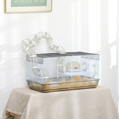 Cage hamster rongeur avec tunnel et accessoires inclus fil d'acier 58 x 32 x 31 cm - gris