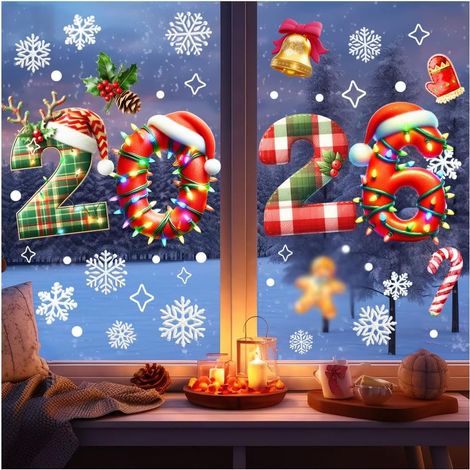 Décorations de Noël pour fenêtres en verre, motif chiffres du Nouvel An 2026, autocollants double face pour décorations de fête de Noël (1/4)