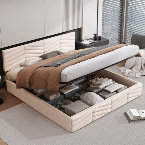 Lit coffre rembourré 180x200 cm velours beige – tête réglable, sommier à lattes, capacité 300 kg