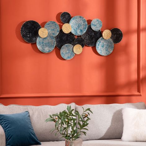 Decoración de pared 3D con círculos, 121 cm x 4 cm x 53 cm, metal, azul + negro