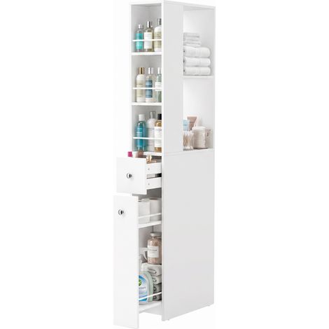 HOMCOM Colonna Bagno Slim 135cm con 2 Cassetti e Ripiani, Bianco (1/5)