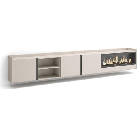 Skraut Home - Meuble TV, Banc Télé, Grand espace de Rangement, 315x35x50cm, Pour les TV jusqu'à 80", Cheminée électrique XXL, Suspendu, Mural, Style moderne, Beige (1/5)