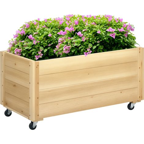 Fioriera rialzata da giardino, cassetta per fiori con ruote e foro di drenaggio, realizzata in legno di abete, dimensioni 89L x 48W x 47H cm, legno naturale