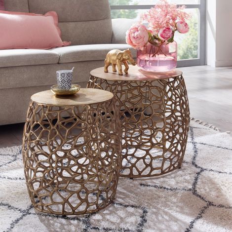 Lot de 2 tables basses rondes 46 et 36 cm en aluminium doré (1/5)